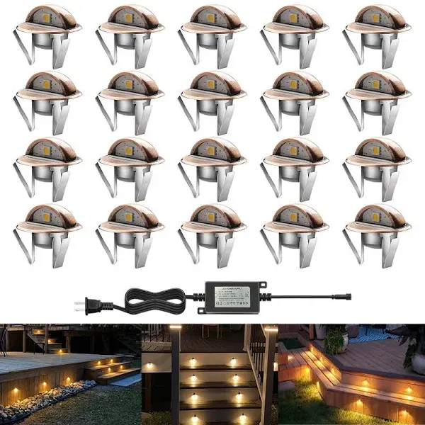 LED Outdoor Deck Lights Kits, Φ1.38in Warm White 20 Pack Bronze, Low Voltage 12 Volt DC IP65 Waterproof, Electric Wired Recessed Stair Step Riser Mini Under Landscape Lighting for Outside Yard