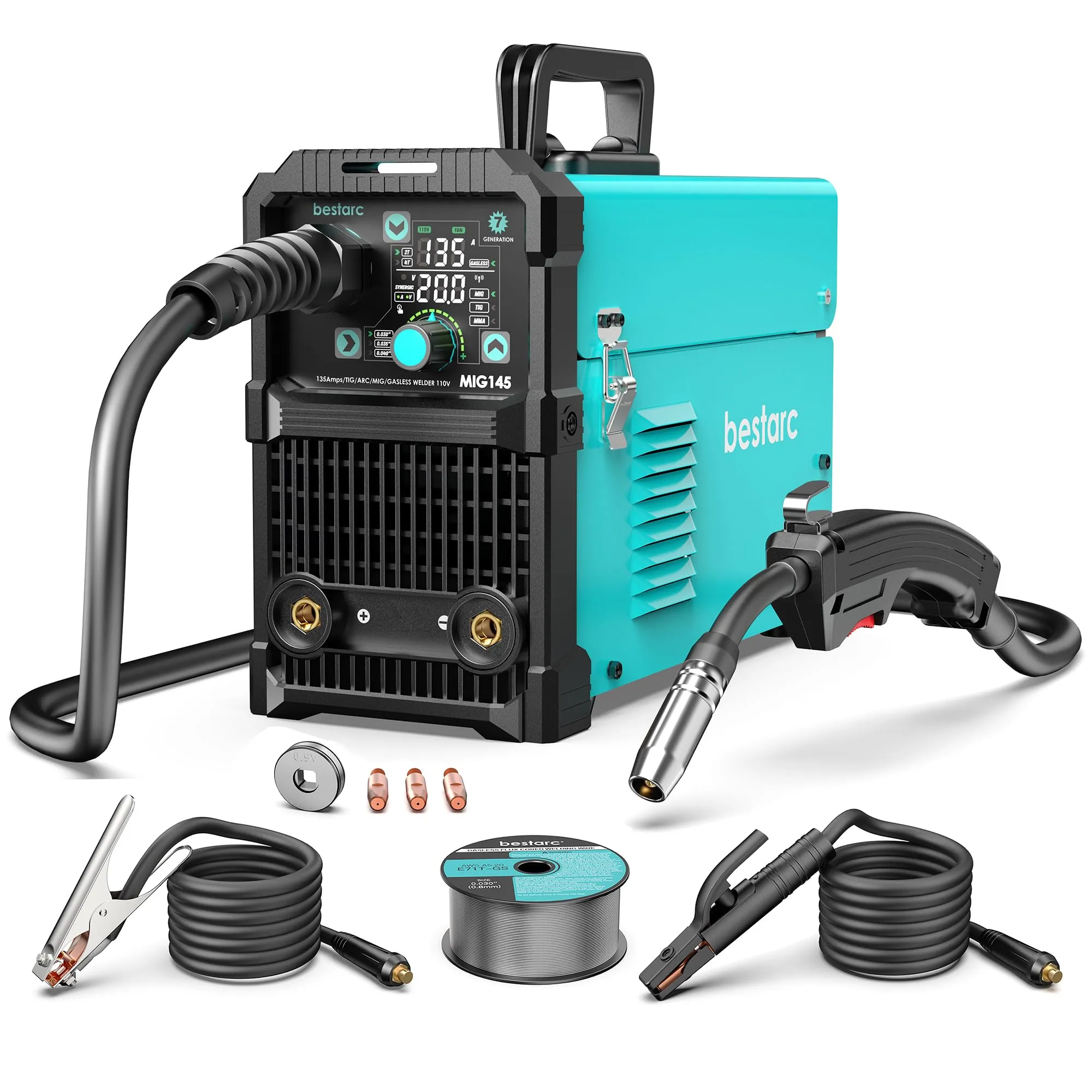 bestarc MIG Welder, MIG145 135Amps Gasless Flux Core MIG/Lift TIG/Stick 3 in 1 MIG Welding Machine, MIG Welder 110V Single Phase with Digital Screen Display