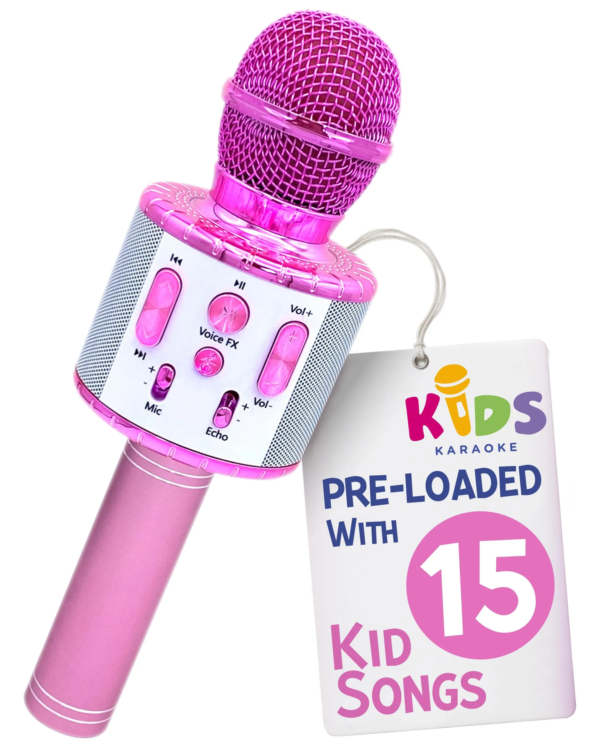 This a pink microphone with all playing options on the microphone itself, nib