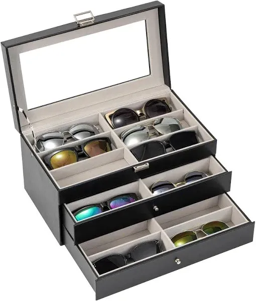 3-layer Sunglasses Storage Organizer, 18 Slots Leather Sunglass Box Multiple ...