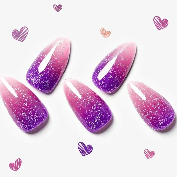 GLAMERMAID Hamdmade Thermo Press on Nails Gel Medium Almond Glitter Purple Pink Ombre Fake Nails Short Stiletto