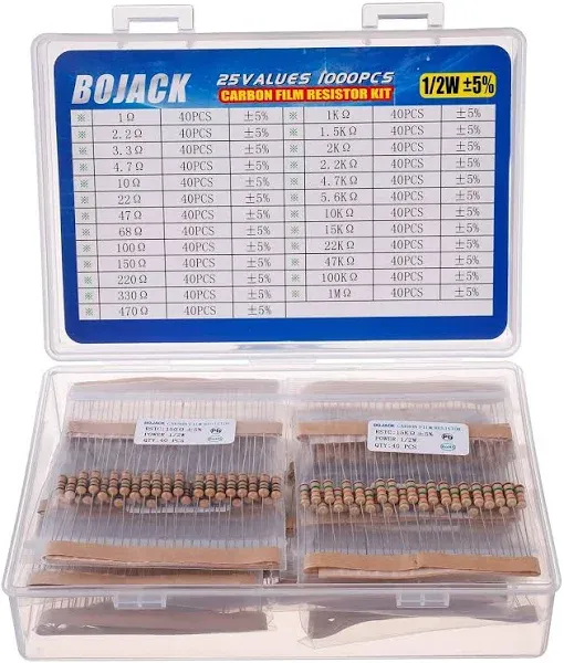 1000 Pcs 25 Values Resistor Kit 1 Ohm-1M Ohm with 1% 1/2W Metal Film Resistors A