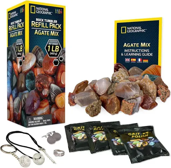 National Geographic Rock Tumbler Refill Kit - 1 Lb. Mix of Genuine Rough Agate Rocks for Tumbling - Rock Tumbler Supplies Include Rock Tumbler Grit and Jewelry Accessories, Raw Agate