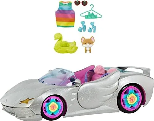 Barbie EXTRA Vehicle Sparkly Silver Convertible CAR, Pet Puppy &amp; Accessories