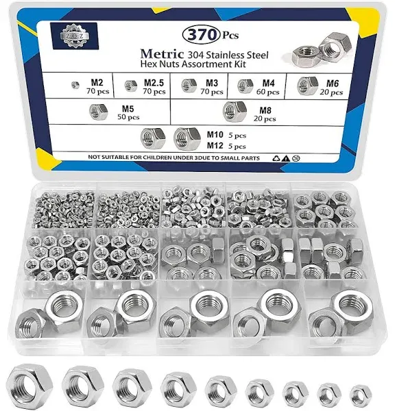 370 PCS Metric Hex Nuts Assortment Kit,M2 M2.5 M3 M4 M5 M6 M8 M10 M12 Stainle...