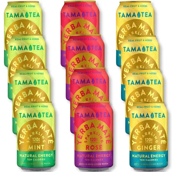 Sparkling Yerba Mate Variety Pack by Tama Tea - Unsweetened Natural Energy Drink with Real Fruit & Herbs - Healthy Caffeine Drink Alternative - 120mg of Caffeine, 10 Calories - 12oz Pack of 12