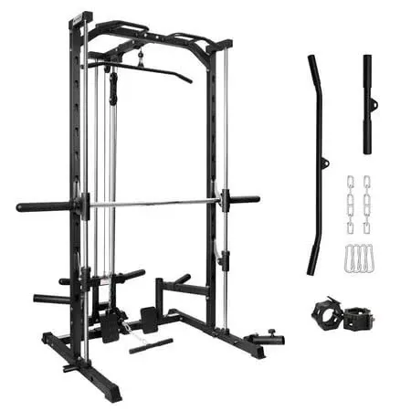 RitFit Smith Machine Power Rack with LAT-Pull Down System, Landmine, Barbell Bar, Plate Storage Pegs and More Training Attachment, 1000 LBS Multifunction Squat Rack for Home Gym, Upgraded2.0