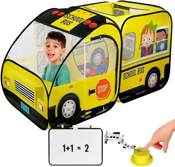 Kiddzery School Bus Pop-Up Kids Tent with Sound Play Button Ball Pit for Toddler & Up