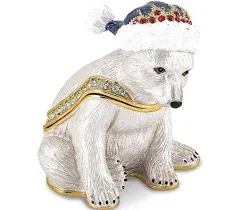 Jere Luxury Giftware Bejeweled Noelle Cuddly Polar Bear Cub, Pewter With Enamel Collectible Trinket Box with Matching Pendant Necklace