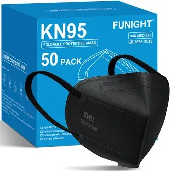 Funight KN95 Face Masks 50 Packs 5-Ply Breathable Filter Efficiency≥95% Protective Cup Masks Disposable Black