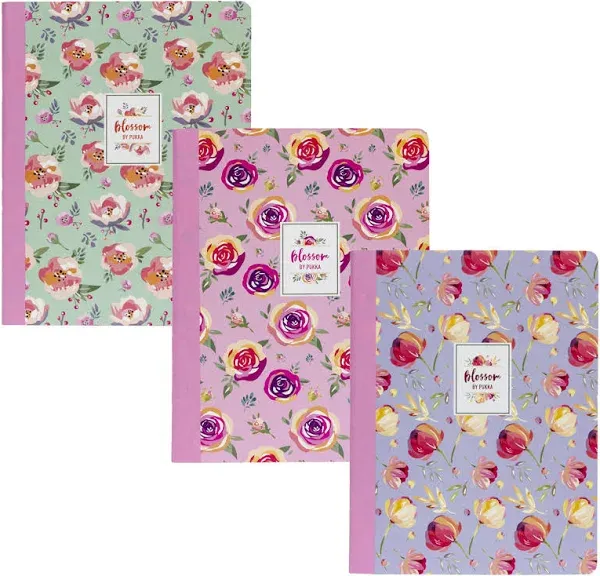 Pukka Pad, Composition Notebooks - 3 Pack of Journals Featuring 140 Pages of College Ruled 80GSM Paper with Sturdy Cover Stock - 9.75 x 7.5in - Blossom