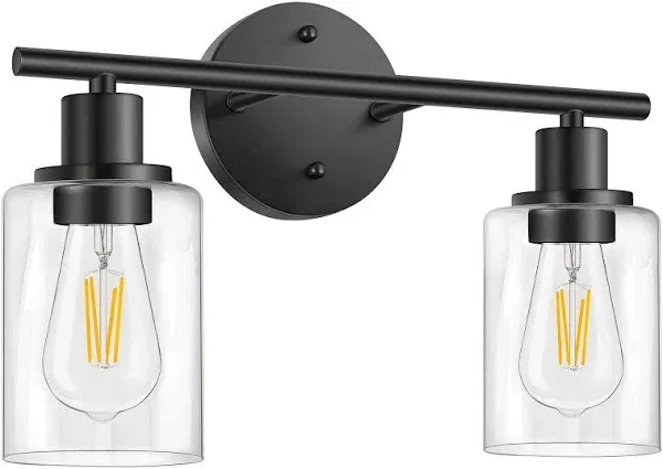 FOLKSMATE Bathroom Light Fixtures, 2 Light Matte Black Vanity Light, Vintage Wall Sconces Lighting, Modern Bath Wall Mounted Lights with Glass Shade