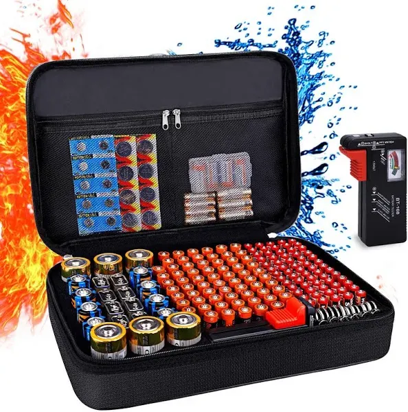 Fireproof Battery Organizer Storage Case with Tester BT-168, Waterproof & Explosion-Proof Safe Bag, Carrying Container Bag - Holds 220+ Batteries AA AAA C D 9V (Batteries not Included)