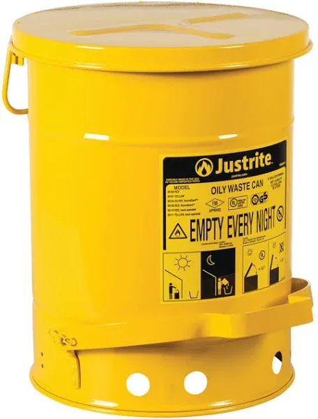 Justrite 6 Gallon Galvanized Steel Oily Waste Can, 16" x 12" Metal Oil Rag Safety Can With Foot Operated Self-Closing Lid for Oil Rag Disposal, Made in the USA, Yellow, 09101