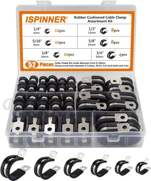 XM 52pcs Cable Clamps Assortment Kit 304 Stainless Steel Rubber Cushion Pipe Clamps in 6 Sizes 1/4" 5/16" 3/8" 1/2" 5/8" 3/4