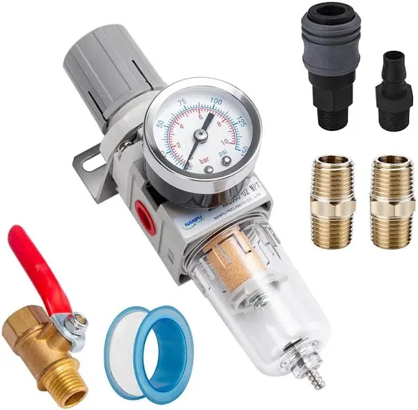 1/4&#034; NPT Compressed Air Filter Regulator Combo Piggyback, 5 Micron Brass