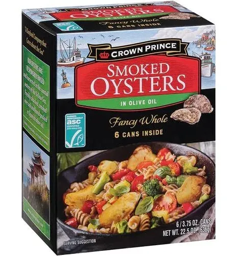 Crown Prince Non-GMO Smoked Oysters in Olive Oil 6 Cans 22.5 oz