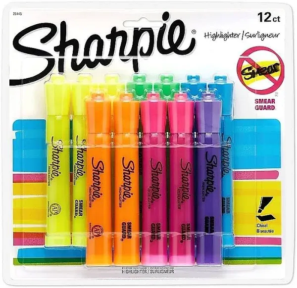 Sharpie Tank Style Highlighters, Assorted Ink Colors, Chisel Tip, 12/Pack