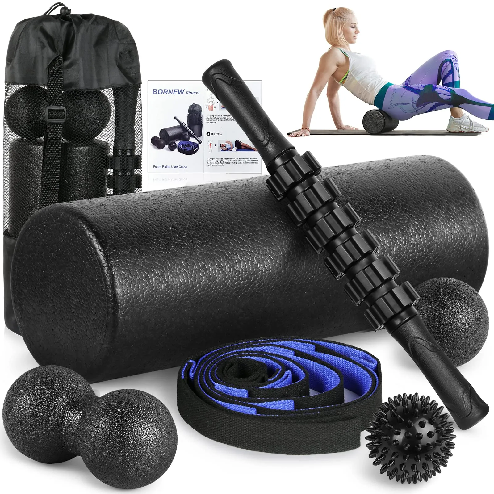 BORNEW Foam Roller Set - High Density Back Roller, Muscle Roller Stick,2 Foot Fasciitis Ball, Stretching Strap, Peanut Massage Ball for