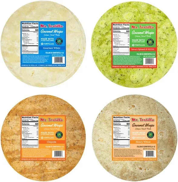 Mr. Tortilla Gourmet Wraps - Artisan Flour Tortillas, Small Batch Zero Cholesterol Snack, Kosher, Vegetarian - Authentic Mexican Snacks (8-Count Bags (Pack of 4), Honey Wheat)