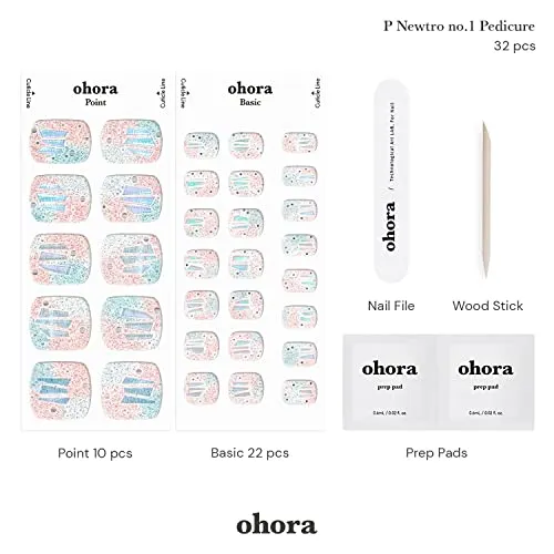 [P Newtro No.1] Real Gel Nail Strip by ohora - 30pcs with Prep pad, Mini Nail File, Wood Stick, DIY Toe Nail Art Starter Kit, No Glue, Non Soak-Off