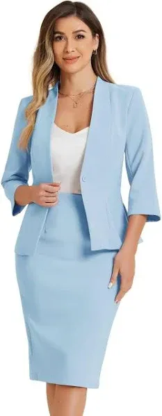 Allegra K Women's Long Sleeve Blazer and Pencil Skirt Suit Set 2 Pcs