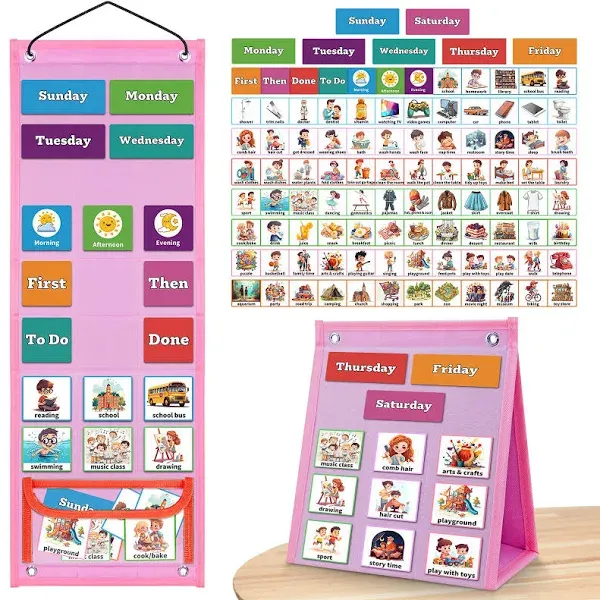 Visual Schedule for Kids Chore Chart，3 in 1 Daily Schedule Board Routine Pocket Chart Cards for Toddlers,Autism Learning Materials Tool Wall Planner for Home School with 70 Cards Gift for Kids （pink）