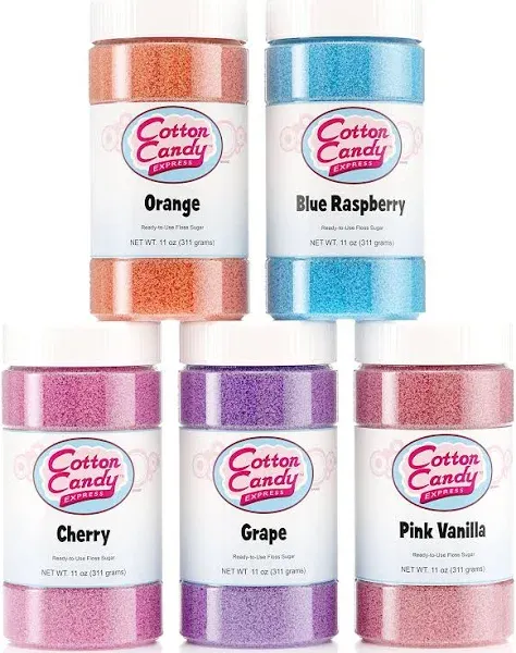 Cotton Candy Express Floss Sugar Variety Pack 5 - 11oz Plastic Jars of Lime, Watermelon, Pina Colada, Blue Raspberry, Pink Vanilla Flossing Sugars. Use with Cotton Candy Express countertop machine