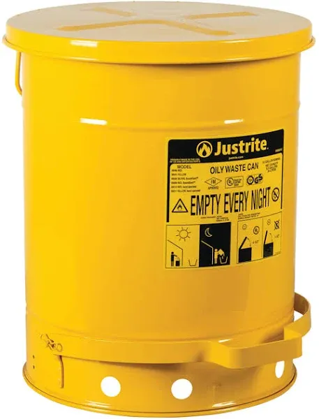 JUSTRITE 09301 Oily Waste Can, 10 Gal., Steel, Yellow