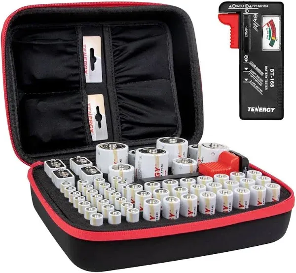 Tenergy Battery Organizer Storage Case with Battery Tester, Holds 60 Batteries AA AAA C D 9V (Batteries not Included)