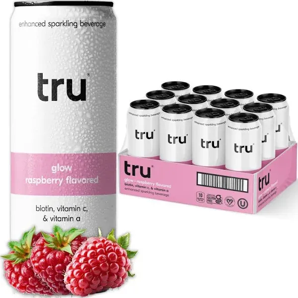 Tru Glow Seltzer, Biotin Beauty Drinks with Vitamin A, Raspberry Fruit Juice Flavored Sparkling Water, Caffeine Free, Kosher, Gluten Free, Low Calories, No Sugar Added Beverages, 12oz (Pack of 24)