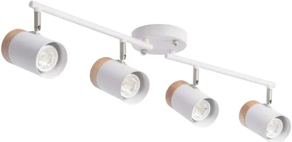 TeHenoo Adjustable Track Lighting Kit, 4-Lights Ceiling Light GU10 Bulb With Metal And Wood Shade For Living Room, Kitchen, Utility Room