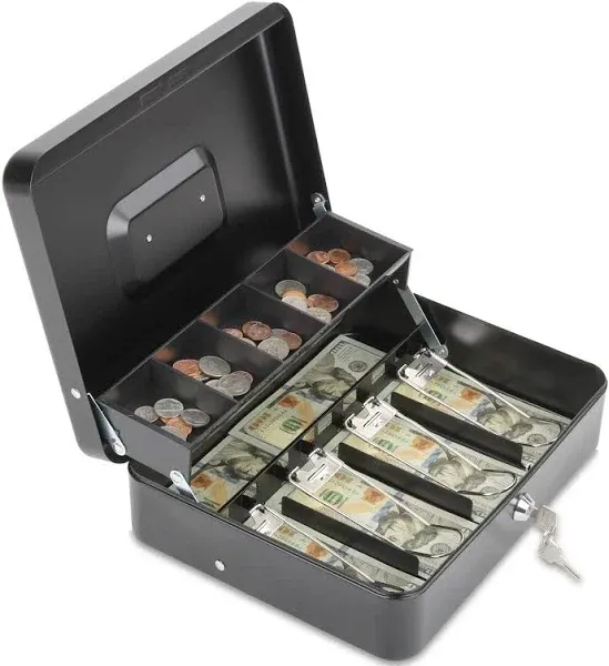 Cash Box with Lock and 2 Keys, Metal Money Tray, Side Key-Black 