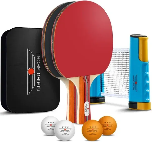 Nibiru Sport Ping Pong Set - Professional 2 Table Tennis Paddles, 4 Balls, Retractable Net with Posts and Storage Case - Pingpon