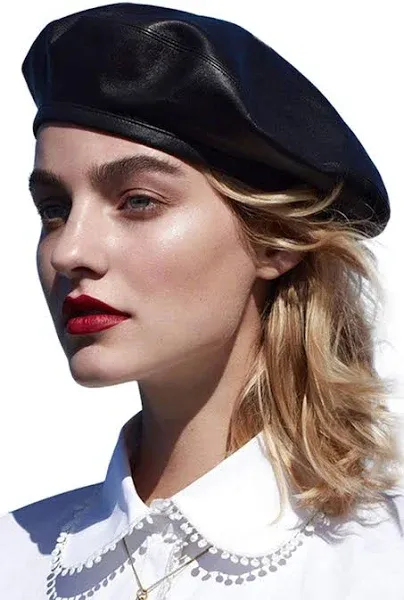 WETOO Women Beret Hat PU Leather Cap, Womens, Black-leather-48