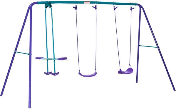 Outsunny Metal Swing Set with Glider, Two Swing Seats and Adjustable Height, Outdoor Heavy Duty A-Frame Suitable for Playground, Backyard, Purple