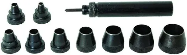 Gasket Punch Set: 5 in Overall Lg, 25 mm Punch Taper Lg, 10 Pieces, Canvas/Leather/Paper, Case, SAE