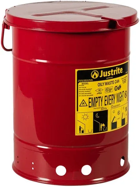 Justrite 09110 Oily Waste Can,6 Gal.,Steel,Red