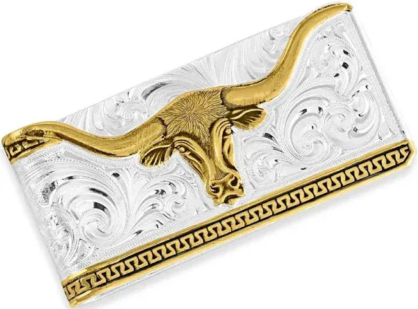 Montana Silversmiths Western Themed Money Clip, Made In USA (Two-Tone Carved Longhorn)