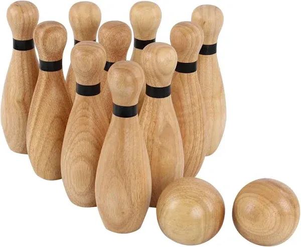 Wooden Bowling Set 12 pc Lawn Bowling and Skittle Ball Outdoor Indoor Team Games