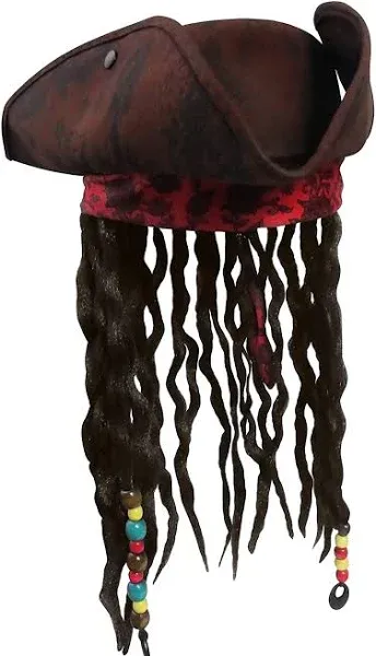 Nicky Bigs Novelties Child Buccaneer Caribbean Tricorn Pirate Hat Dreadlocks Hair Costume Cap Brown