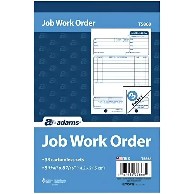 Adams Carbonless Job Work Order Book, 5 9/16&#034; x 8 7/16&#034;, 3-Part, White/Canary/W<wbr/>h