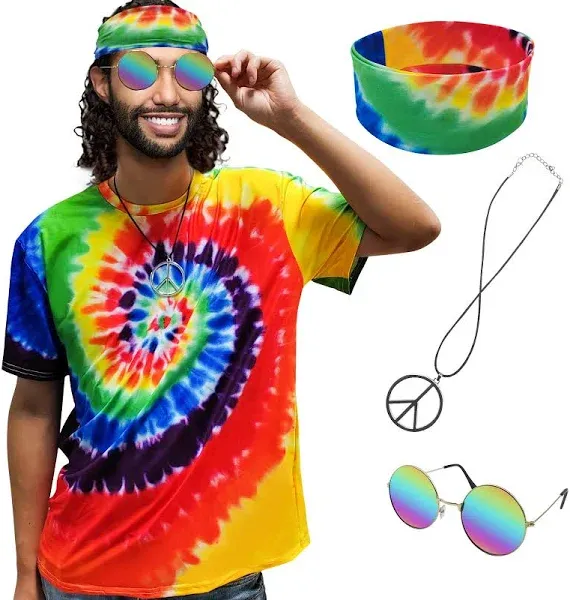 Hippie Costume for Men Women 60s and 70s colorful T-shirt sunglasses headband Peace necklace 4-piece theme party.3X-Large