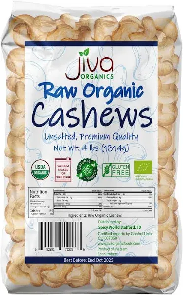 Jiva Organics Raw Organic Cashews (Whole) 2 Pound Bag