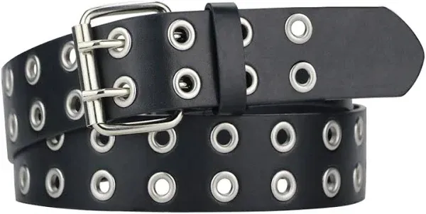 macoking Womens Belts for Jeans, Studded Double Grommets Leather Black Belt Women ...