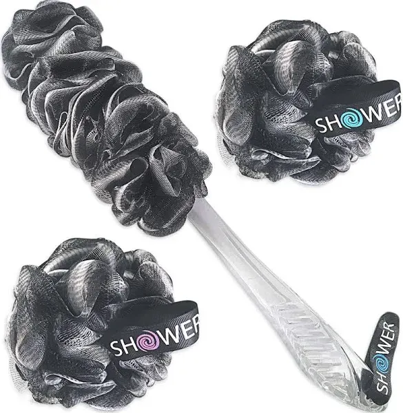 Loofah-charcoal Back-Scrubber Bath-Sponges by Shower Bouquet 1 Long-Handle-Back-Brush Plus 2 Extra Large 75g Soft Mesh Poufs