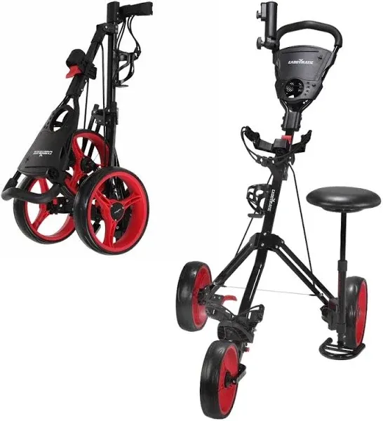 Caddymatic Golf X-Treme 3 Wheel Push/Pull Golf Cart with Seat Black/Red