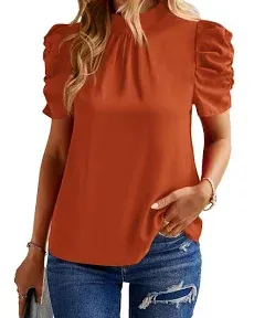 BTFBM Women's Summer Boho Shirt Top Ruffle Short Sleeve Frill Trim Mock Neck Floral Solid 2024 Casual Blouses Shirts Tops