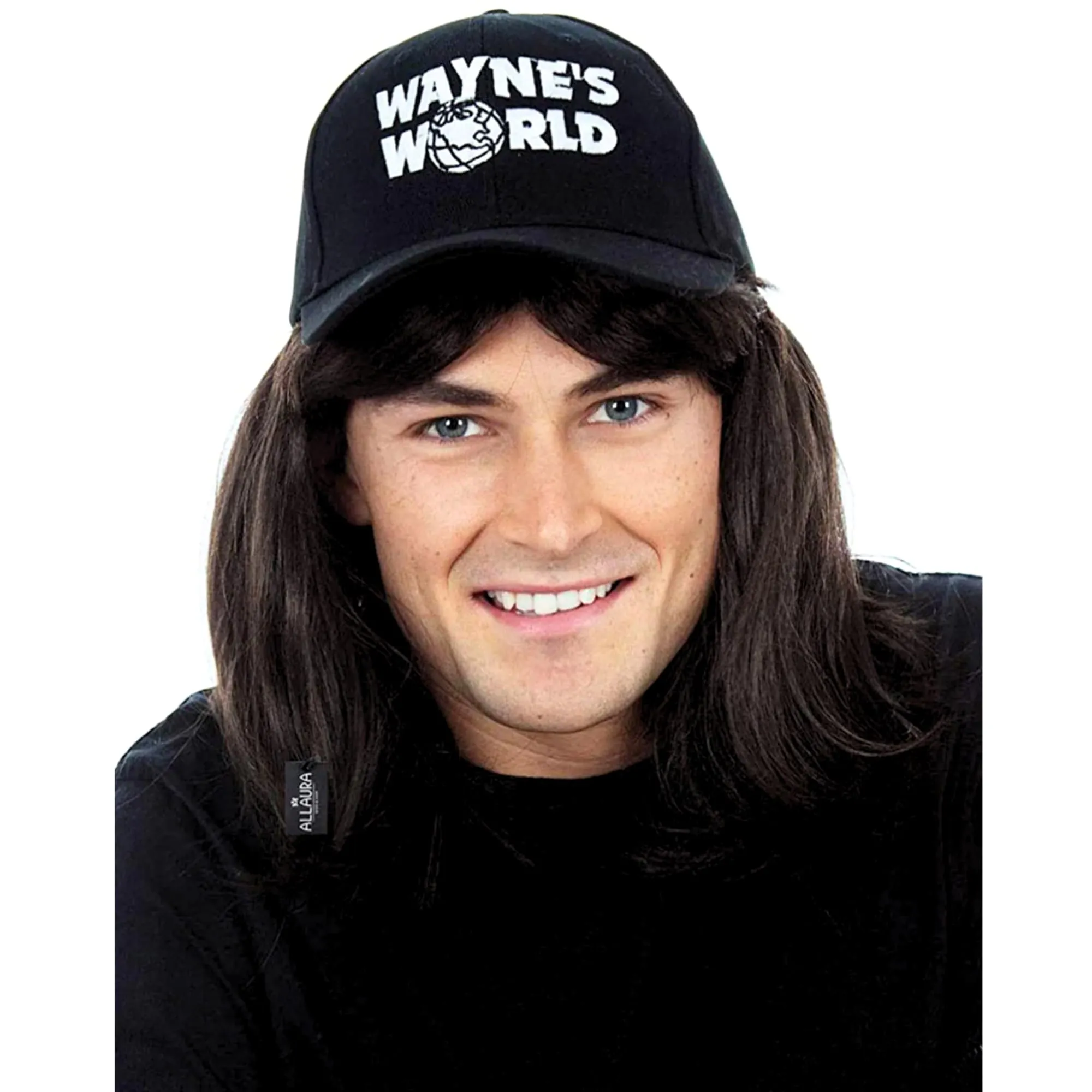 ALLAURA Wayne Wig with Wayne's Cap World Hat | Compatible with Wayne's World Wig and Hat | Mullet Costume Wigs For Men 80s Heavy Metal Rocker Wig 1980s Black Mullet Wig —80s Couples Halloween Costumes