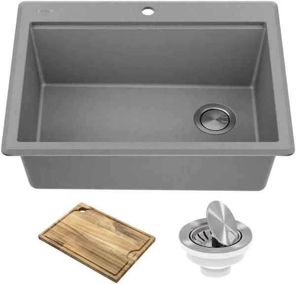 Kraus KGTW12-28MGR Bellucci 28 inch Granite Composite Workstation Drop-In Top Mount Single Bowl Kitchen Sink with Accessories, Metallic Grey